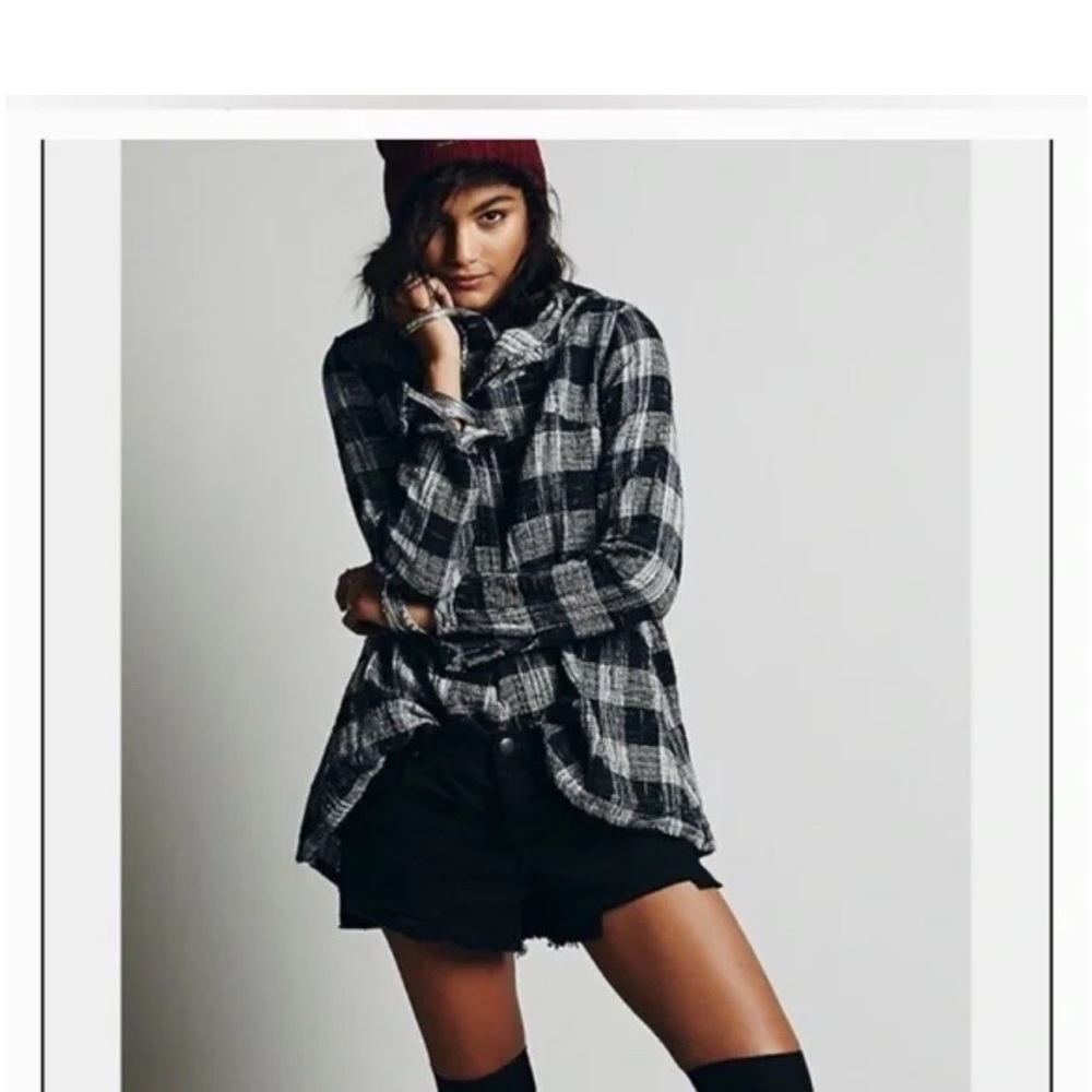 Free People Black and White Plaid Top